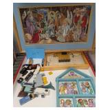 2 Needlepoint Art and wooden Block Nativity scenes