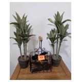 2 Faux tropical plants and tropical metal baskets
