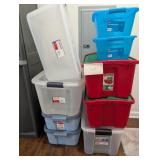 9 Storage Bins with Lids. Sizes on Labels.