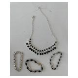 4  JEWELRY PCS: BLACK/CLEAR NECKLACE; 3 BRACELETS