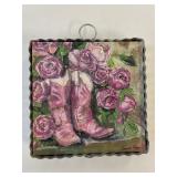 TIN BLOCK WITH LAVENDAR COWBOY BOOTS