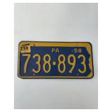 1958 PA  LICENSE PLATE