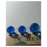3-Clear Blue Glass Marbles 1@7/8" 2@ 5/8"