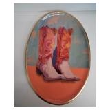 OVAL GLASS PLATE W/ PINK COWBOY BOOTS, 14"X9.5"