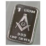 Masonic 1 Gram Silver Bar