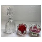 2 Glass Paperweights & 1 Glass Bell
