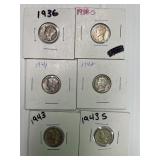 6 Different Dated Mercury Dimes