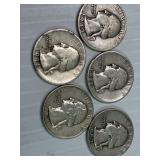 5 Silver Washington Quarters 36,36,43S,51&52s