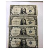 4 Silver Certificate Dollar Bills - 30s-50s