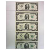 5 Crispy Consecutive $2 Bills - all for one bid