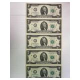 5 Crispy Consecutive $2 Bills - all for one bid