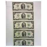 5 Crispy Consecutive $2 Bills - all for one bid