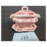 Vintage Red Transferware Small Casserole Soup