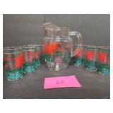 MCM hand painted  retro Pitcher and 6 glasses