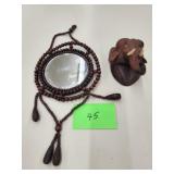 Wood beaded mirror / wood elephant