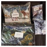 Throw pillow, placemats, curtains, shower curtain