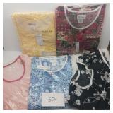 Womans Dusters, pink, blue print, red & green, Womans Dusters, pink, blue print, red & green,