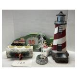 WOODEN RACECAR BANK; LIGHTHOUSE & MORE