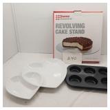 Home Basics Revolving Cake Stand, muffin tin,