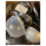 Mixed household lot; strainers; pots / pans & more