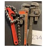 Lot of heavy duty pipe wrenches & more