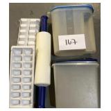 Rolling pin; ice trays; Tupperware containers w/