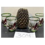 Cardinal / pine cone candle holder decor