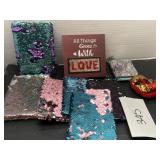 Sequined notebooks and decor