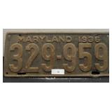 Vintage Maryland License Plate; 1936
