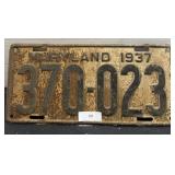 Vintage Maryland License Plate; 1937