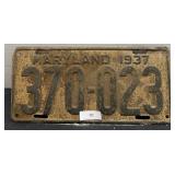 Vintage Maryland License Plate; 1937