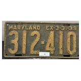 Vintage Maryland License Plate; 1939