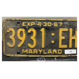 Vintage Maryland License Plate; 1967