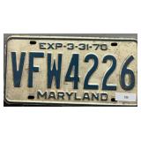Vintage Maryland License Plate; 1970