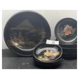 7 Pc Black Hand Painted Lacquerware