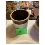 Brown and white ceramic glazed jar