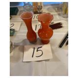 Vintage hand blown orange vases one fluted