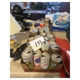 Old beer, cans, and soda cans three boxes