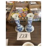 Blue and white painted ceramic candlestickS