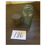 Blue glass ball jar, and tin pail