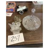 Assorted glass pieces, etched crystal dish