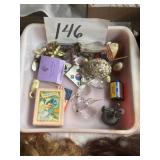 Mix box of items, card shells, crystals