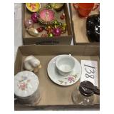 Porcelain items cup, and saucer, canister duck