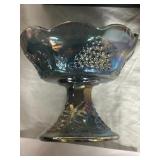 Blue carnival glass candle holder
