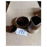 Brown ware lot pitcher bowl and cup