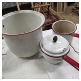 Vintage lot of white and red porcelain enamel pots