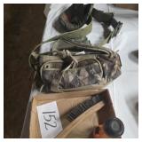 Box lot camo belt, canteen, flashlight, wire brush