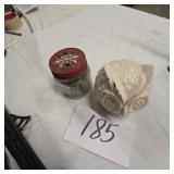 Mason jar with contents and owl figurine