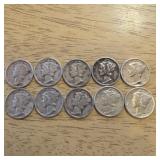 90% Silver Mercury Dimes Lot of 10