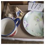 Box lot little farmer figurines, pioneer woman mug